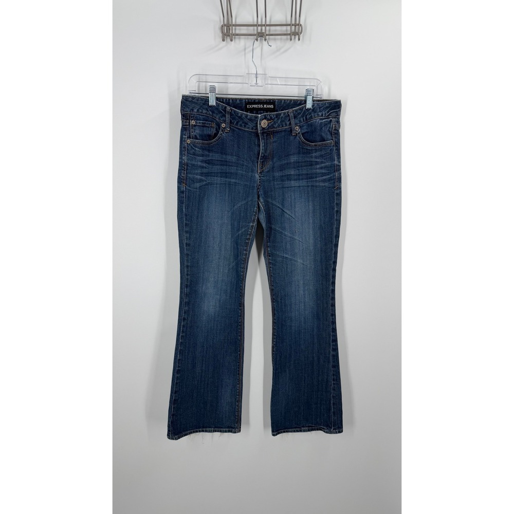 Express Jeans Boot Stella Low Rise Women Size 10 Blue Denim Whiskered Frayed Hem